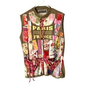 My Bonny Random Scraps Fabric Paris France Reworked Recycle Olive Shirt large